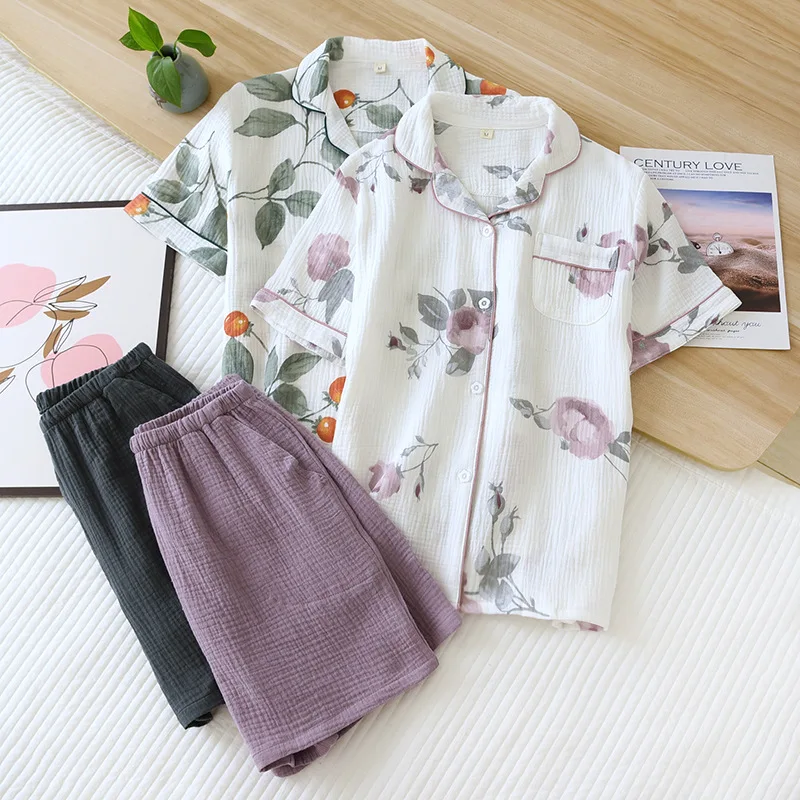 

Female Cotton Sleepwear 2Pcs Shirt&shorts Elastic Waist Pajamas Set Cozy Home Clothing Summer Nightwear Print Floral Homewear