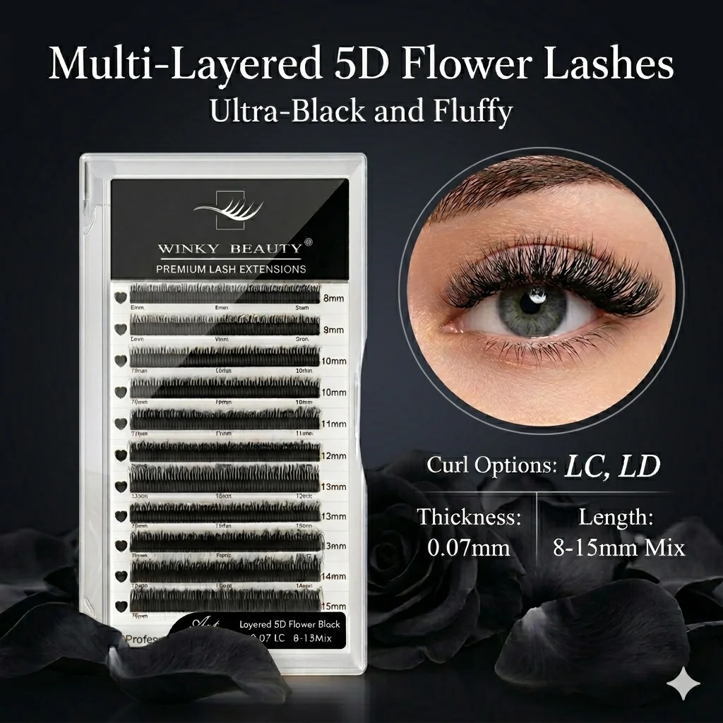 Фото Наращивание ресниц Winky Beauty Multi-Layered 5D Flora 0.07 Super Black Lash 5D Flowering Soft LC/LD Mixed Fans Russian Eyelashes Extension №1