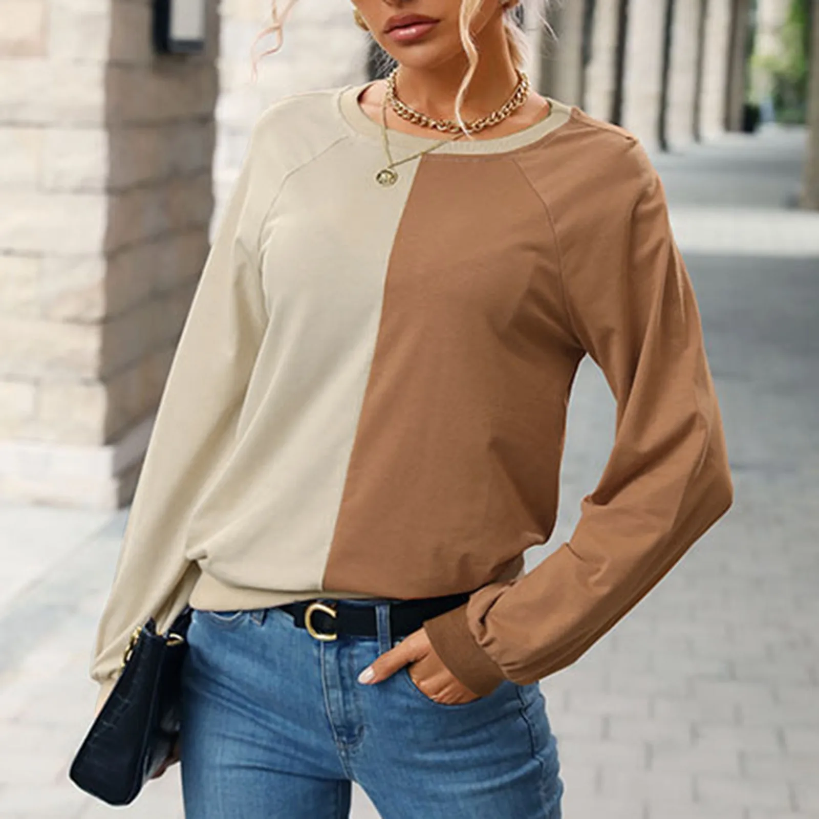 

Womens Long Sleeve Crew Neck Top Comfortable Casual Bottoming Womens Long Sleeve Thumb Hole Shirt Gold Shirts for Women Dressy