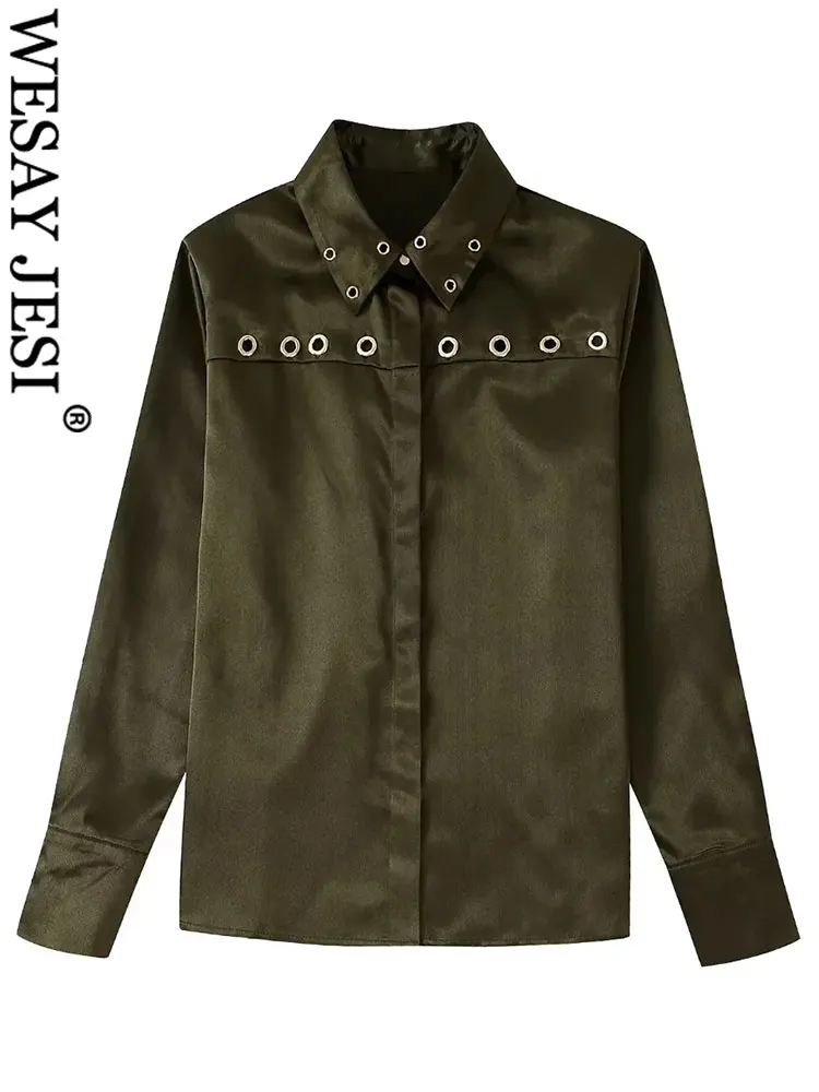 

WESAY JESI модная женская драпированная рубашка с кольцами винтажная облегающая блузка болотного цвета с длинным рукавом и отворотом Женская т...