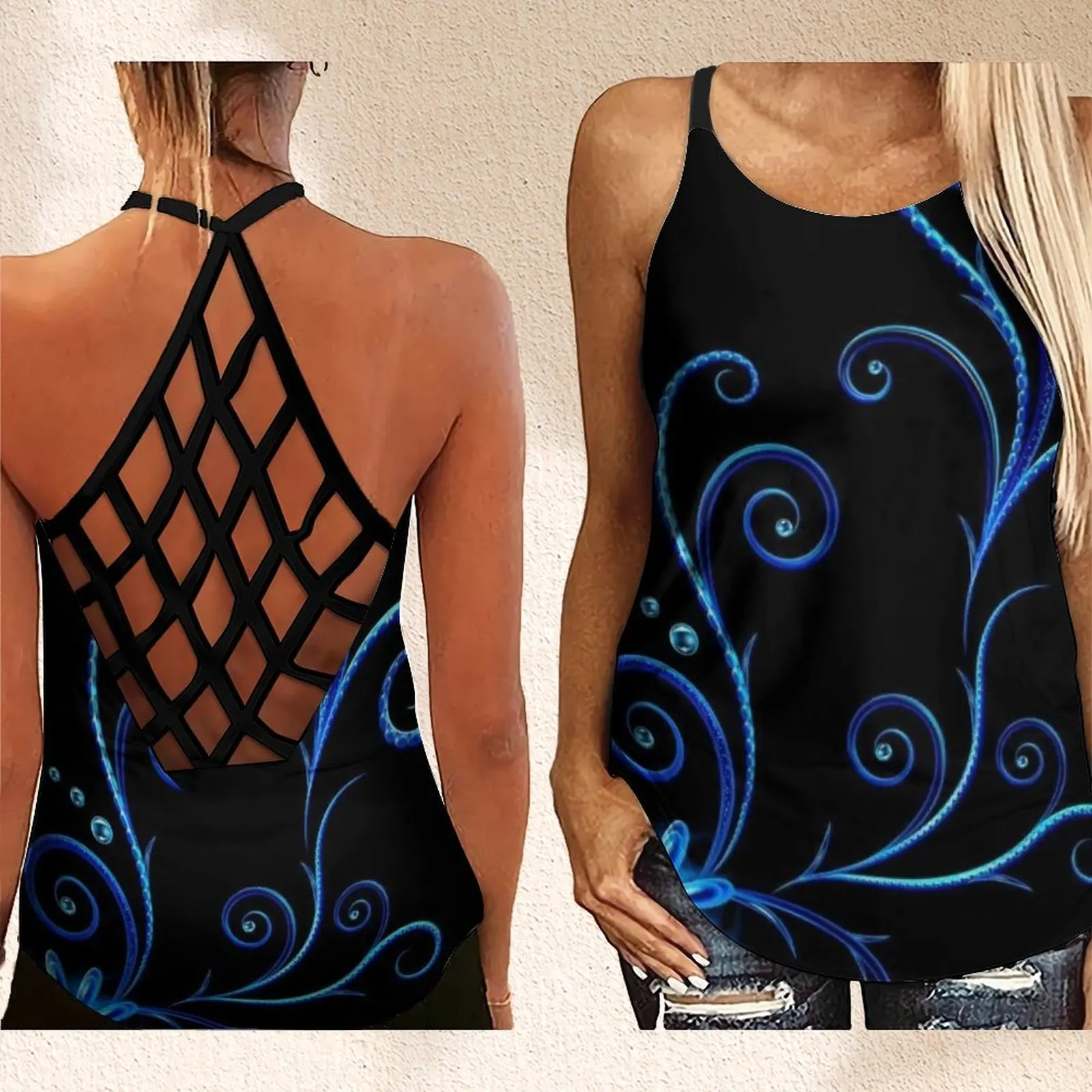 

Women's Fashion Backless Sleeveless Hollow Out Leaves Lines Shiny Print Cross Cross Tank Top Women's Vest XS-8XL