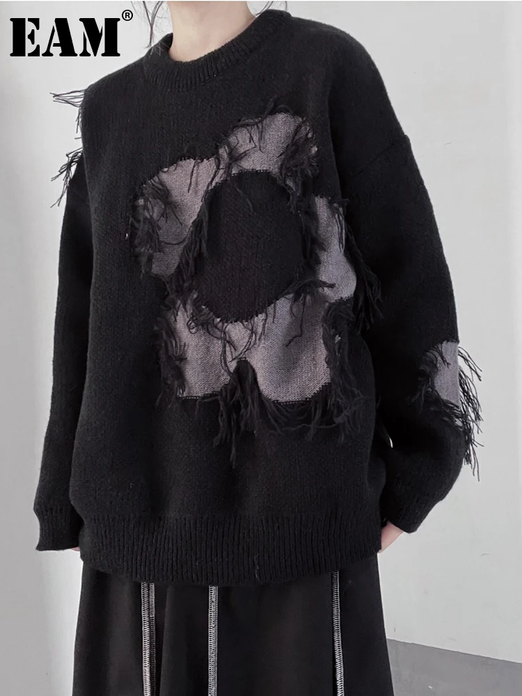 

[EAM] Black Tassel Big Size Knitting Sweater Round Neck Long Sleeve Women Pullovers New Fashion Tide Autumn Winter 2023 1DF3438