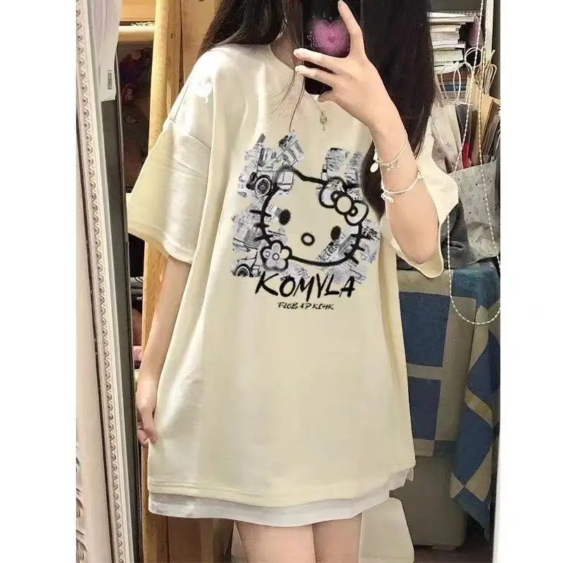 

Summer Fashion New Kawaii Y2K Sanrio Hellokitty Short-Sleeved Cartoon Cute Students Round Neck Loose Casual T-Shirt Couple Tops