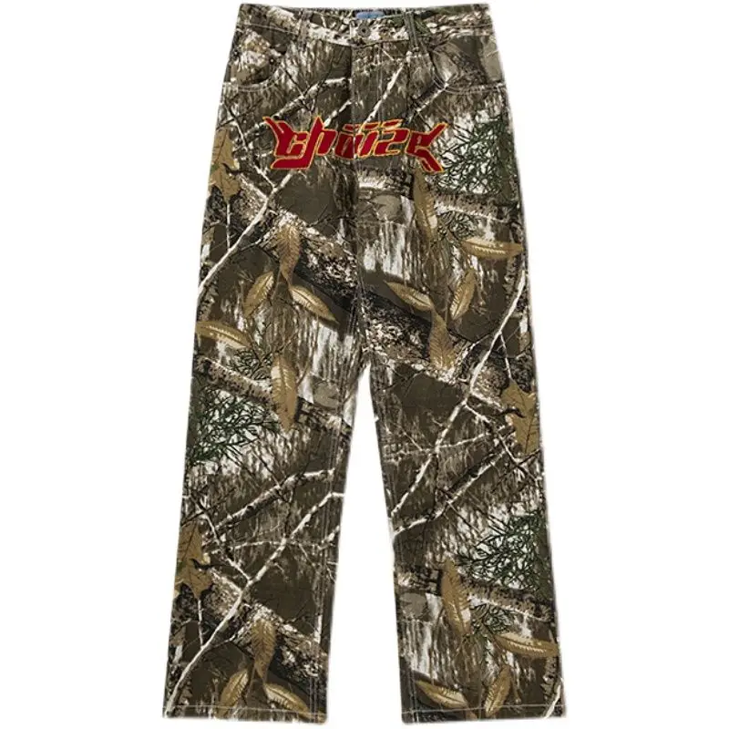 Straight Camouflage Pants Loose Street Vintage Letters Towel Embroidered Casual Cargo Jeans Men