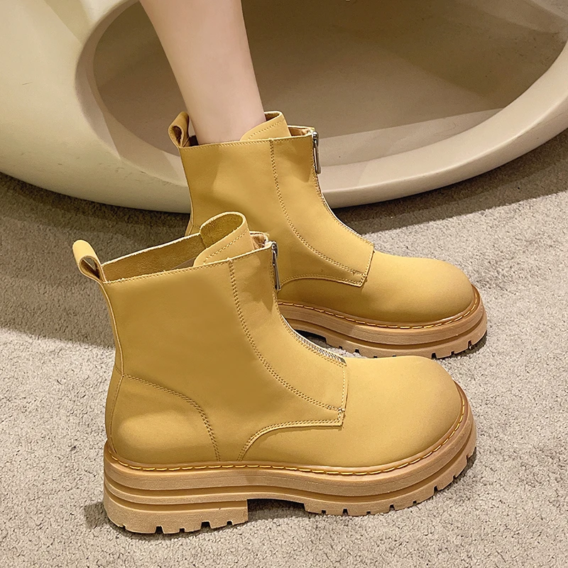 High Heel Nude Boots Ladies New British Women's Boots Retro Fashion Yellow Round Toe Front Zipper Thick Sole 2022