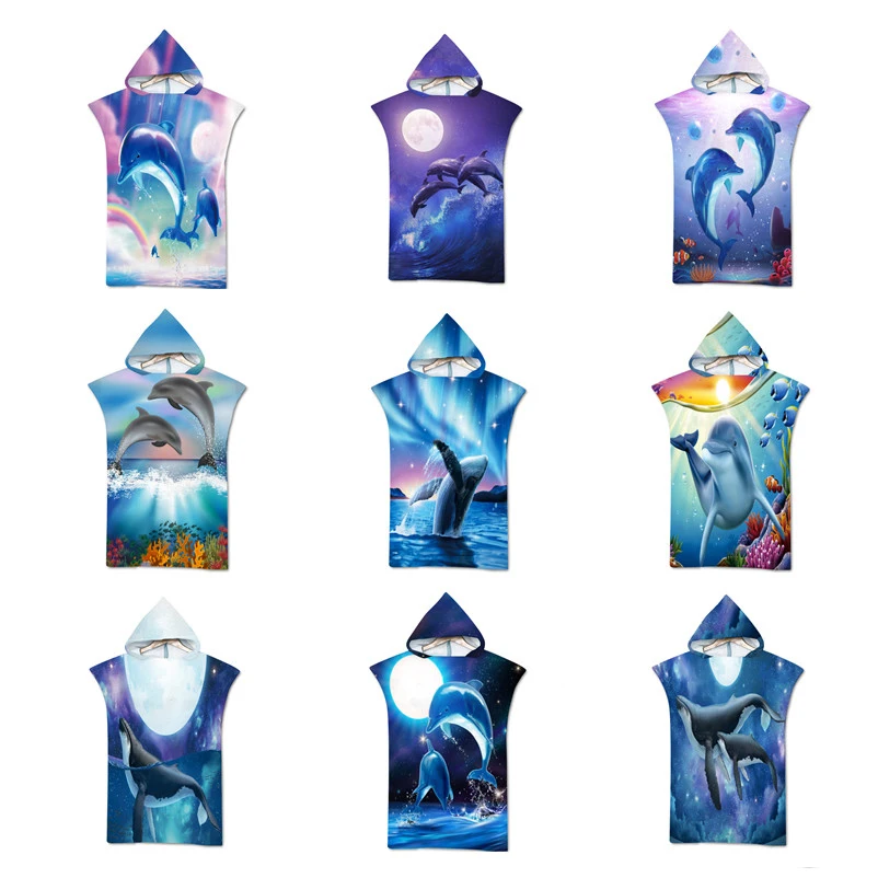 

Dolphin Print Microfiber Wetsuit Changing Robe Poncho Hood Beach Towel Qick Dry Hooded Towels for Swim Beach Surf Beachwear