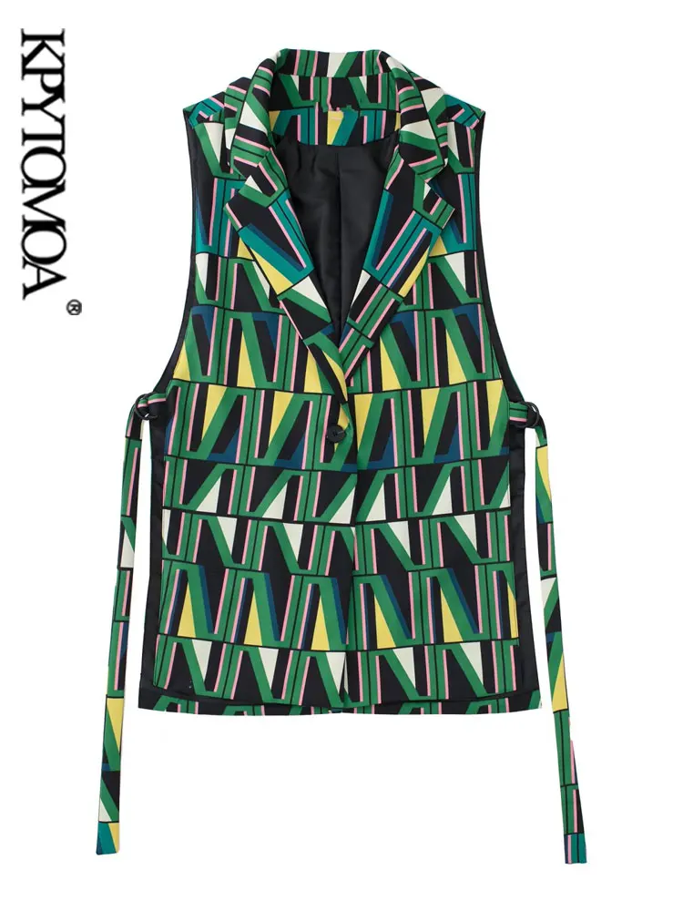 

KPYTOMOA Women Fashion Side Vents With Tabs Printed Waistcoat Vintage Sleeveless Front Button Female Outerwear Chic Tops