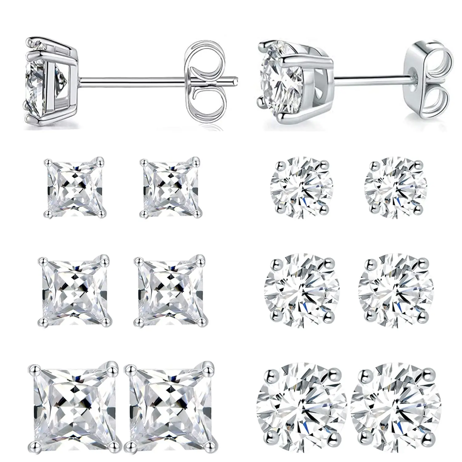 

6 Pairs 18K White Gold/Gold/Rose Gold Plated Stainless Steel Princess Square/Round CZ Stud Earrings Set for Women Men 3 5 7mm