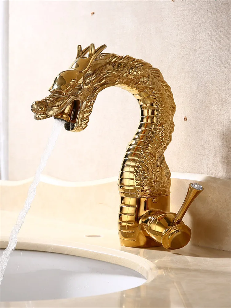 

Handcarved golden dragon shaped faucet, exclusive art faucet for luxury villas and clubs in hotels, all copper bathroom