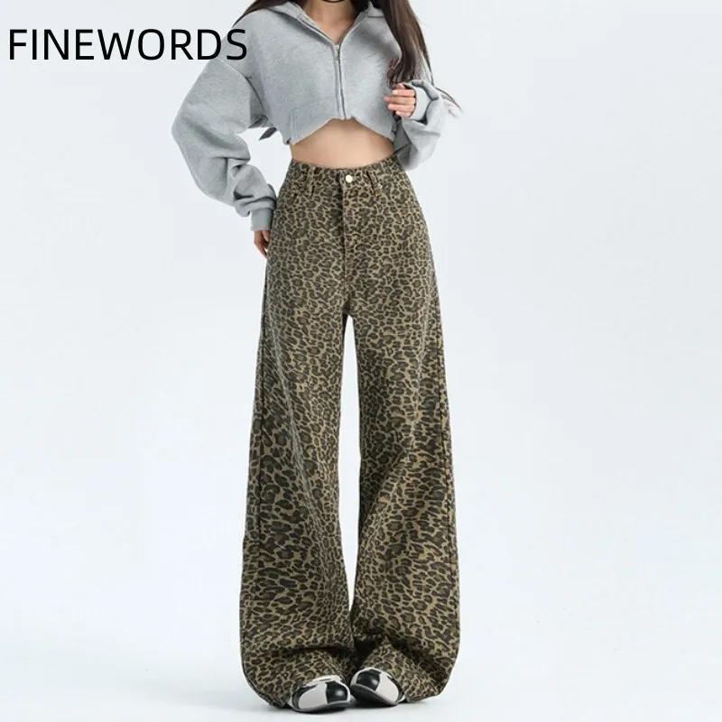 FINEWORDS винтажные повседневные джинсы с высокой талией и леопардовым принтом