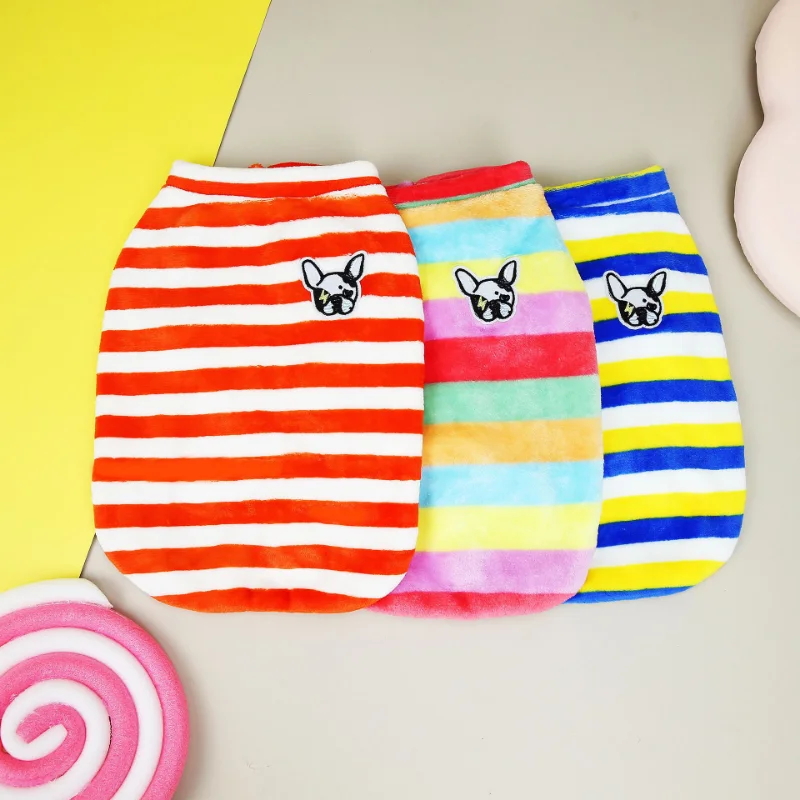 

Полосатая Коралловая флисовая куртка, одежда для собак, мягкая теплая одежда для щенков, одежда для маленьких собак, милый красочный костюм ...