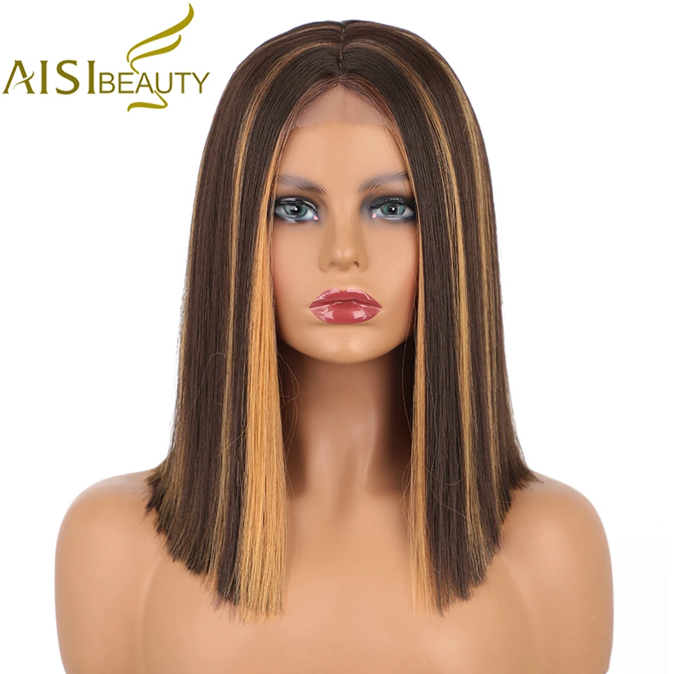 

AISI BEAUTY Synthetic Short Straight Highlight Bob Wigs For Women Ombre Honey Blonde Black Red Cosplay Wigs Heat Resistant Fiber