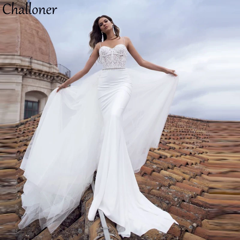 Купи Challoner Modest Sweetheart Bridal Gown Mermaid Wedding Dresses with Detachable Train Chiffon Lace Appliques Vestido De Noiva за 6,783 рублей в магазине AliExpress