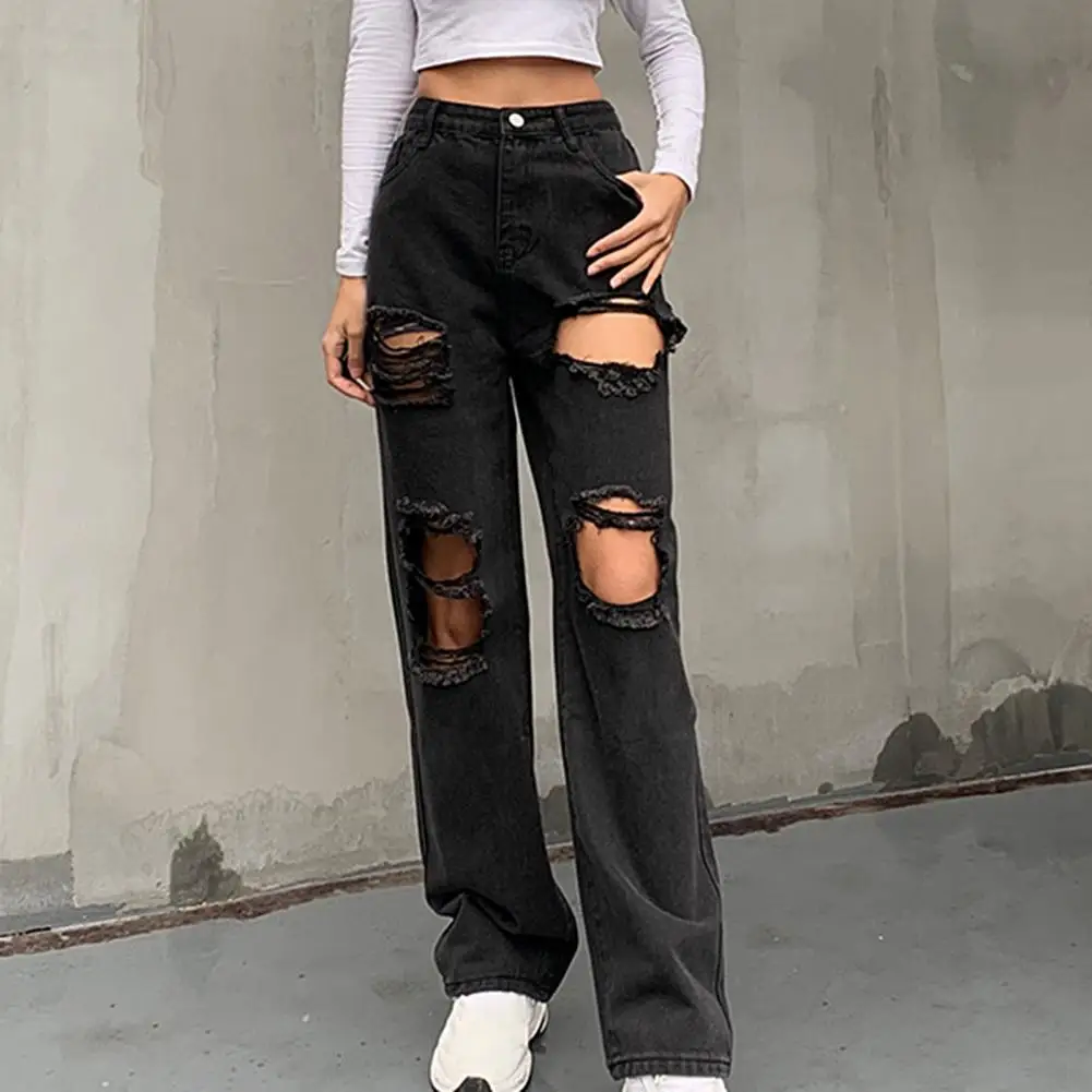 

Multi Pockets Button Closure Straight Long Irregular Ripped Loose Jeans for Dating