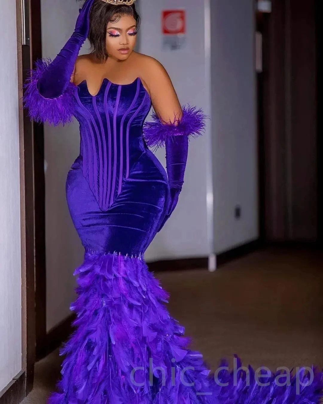 

Royal Blue African American Prom Dresses Mermaid Velvet Feather Black Girls Nigeria Robe De Soiree Evening Dresses Gown