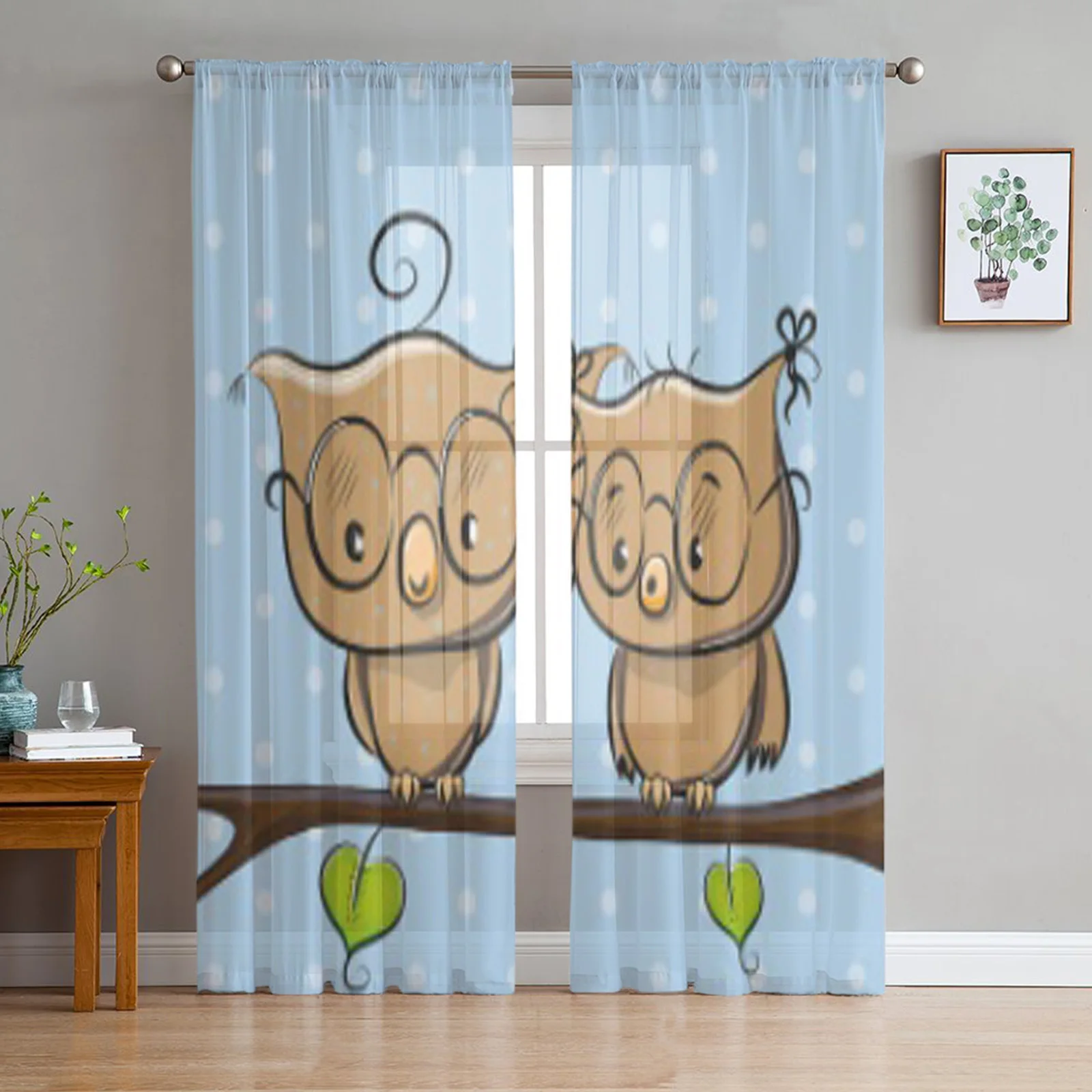 

Тюлевые занавески с двумя милыми мультяшными совами, прозрачные шторы из органзы для гостиной, спальни, декоративные оконные принадлежност...
