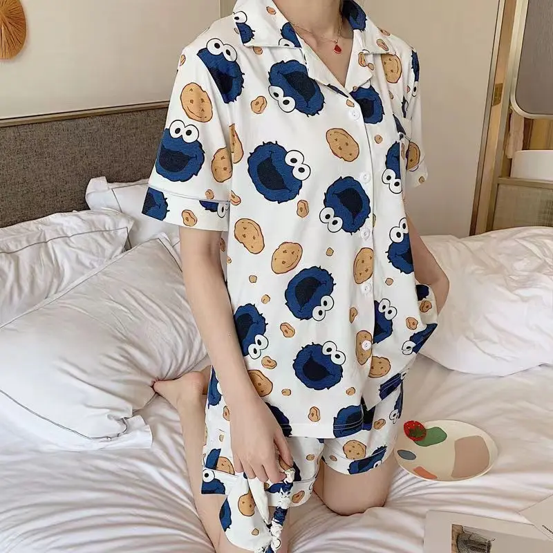 Summer Short Sleeved Pijama Set for Sweet Girls Sesame Print Cartoon Pajama Home Clothes Harajuku Homewear Nightgowns Cotton