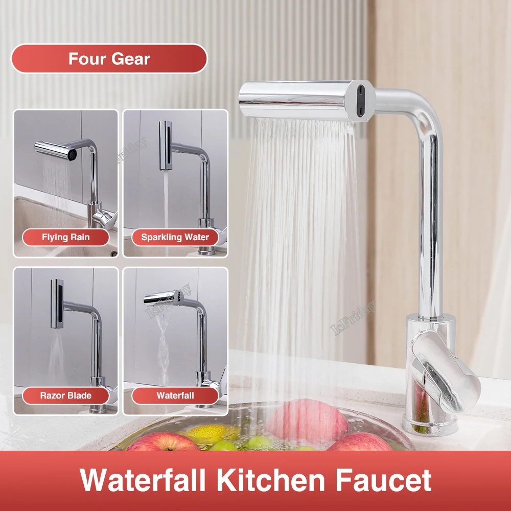

Kitchen Waterfall Faucet 4-Speed Water Outlet 360 Degree Rotatable Cold Hot Water Bathroom Basin Faucets