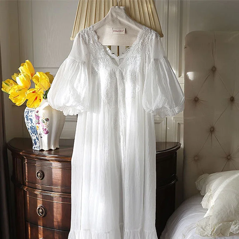 Французские белые кружевные ночнушки в стиле ретро хлопковые мягкие рубашки с