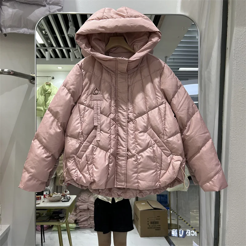 

Autumn Winter New Women Short Hooded White Duck Down Jacket Korean Casual Loose Fashion Long Sleeve Female Down Parkas Outerwear