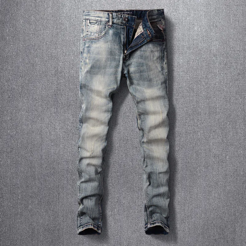 Fashion Designer Men Jeans High Quality Retro Washed Elastic Stretch Slim Ripped Jeans Men Vintage Denim Pants Casual Trousers