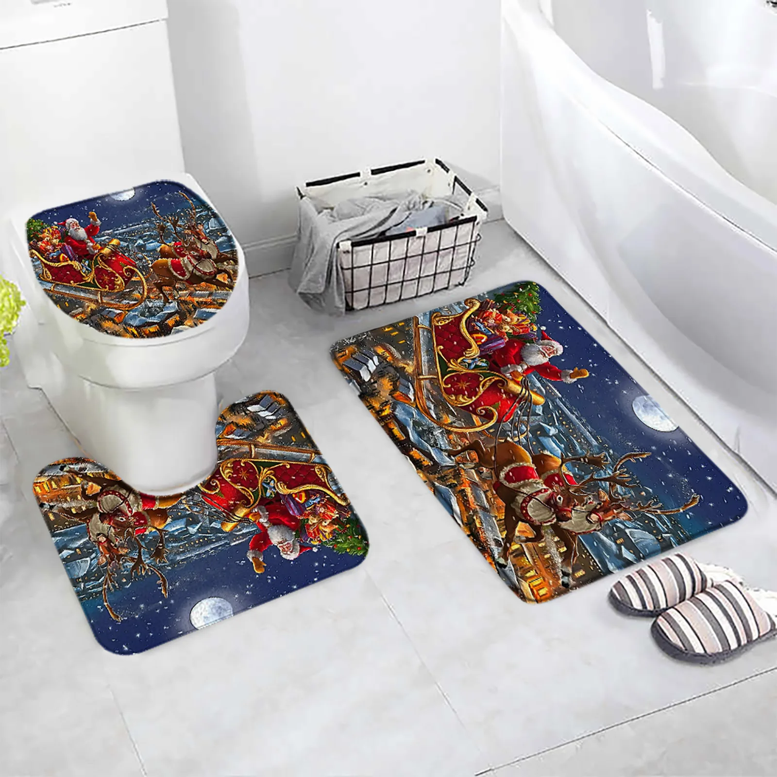 

Набор рождественских ковриков для ванной, забавный снеговик, олень, луна, дом, зимний Ночной пейзаж, декор для ванной комнаты, Нескользящие к...