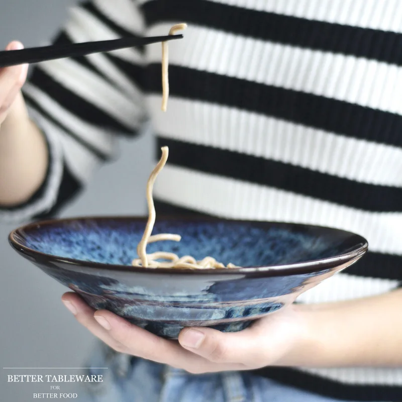 

FANCITY Crude pottery salad bowl mixed noodles hat bowl fruit pot household soup pot ramen bowl creative flow glazed tableware