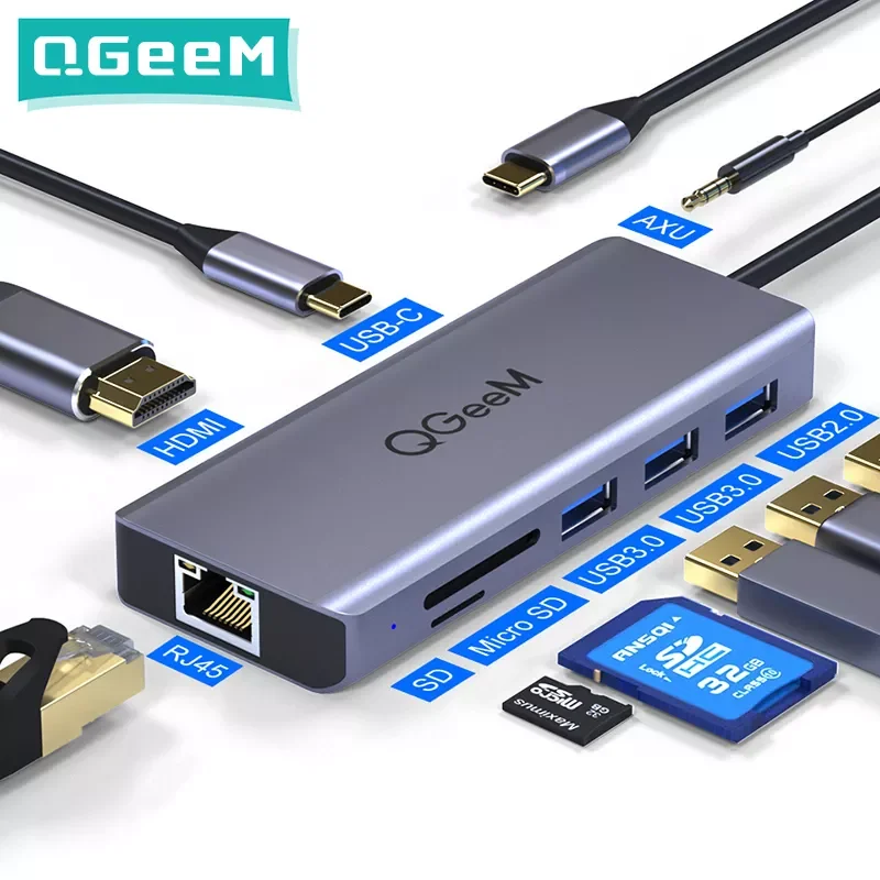

QGeeM USB C Hub for Macbook Pro Air HDMI VGA Micro SD Card Readers RJ45 Aux PD OTG Multi USB Hub Type C 3.0 Adapter for Notebook