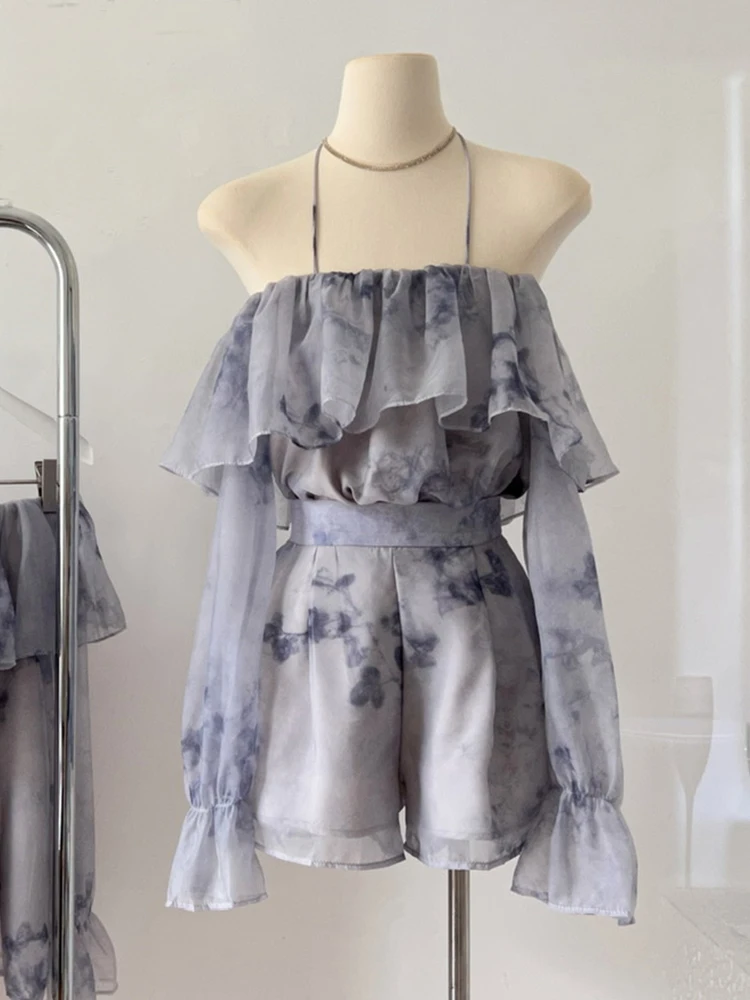 

Korea Fashion Two Piece Set Women Print Slash Neck Long Sleeve Blouse Halter Shirts + High Waist Skorts Suit Solid Crop Tops