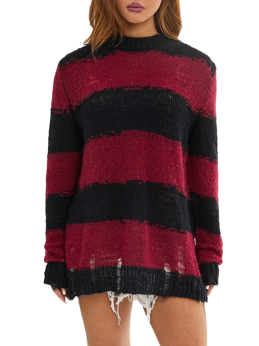 

Women s Y2K Gothic Sweaters Grunge Striped Long Sleeve Oversized Knitted Pullover Aesthetic Retro Jumper Tops