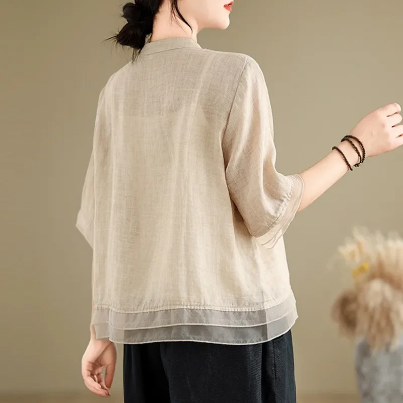 Женская летняя повседневная рубашка винтажный стиль 2024 v-образный вырез