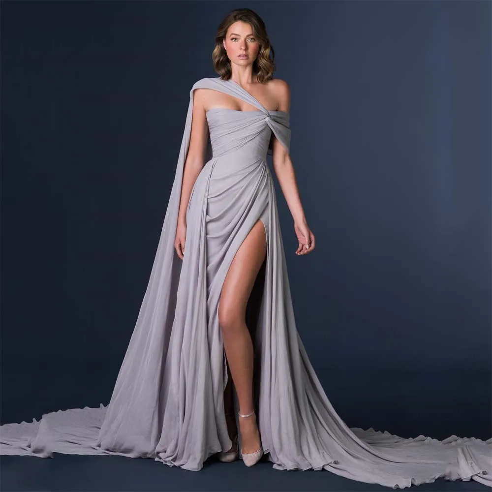 

Grey Charming Elegant Long Evening Dresses Sleeveless High Split Pleated Women Formal Occasion Prom Pageant Gowns Custom Made