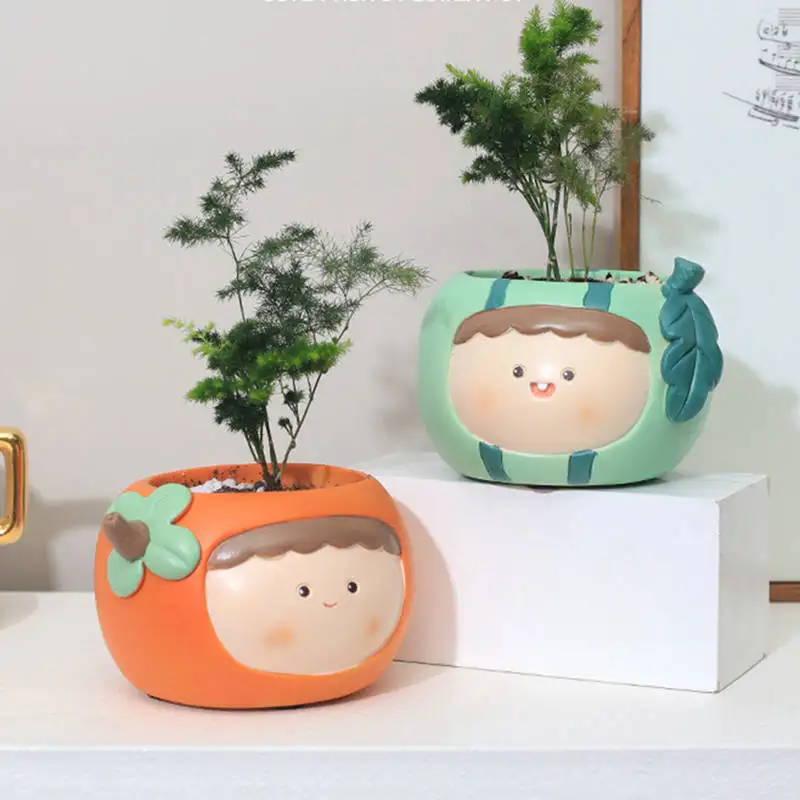 

Desktop Home Hand-painted Color Equipped with Drainage Holes Cartoon Flower Pot Flower Pots Planters