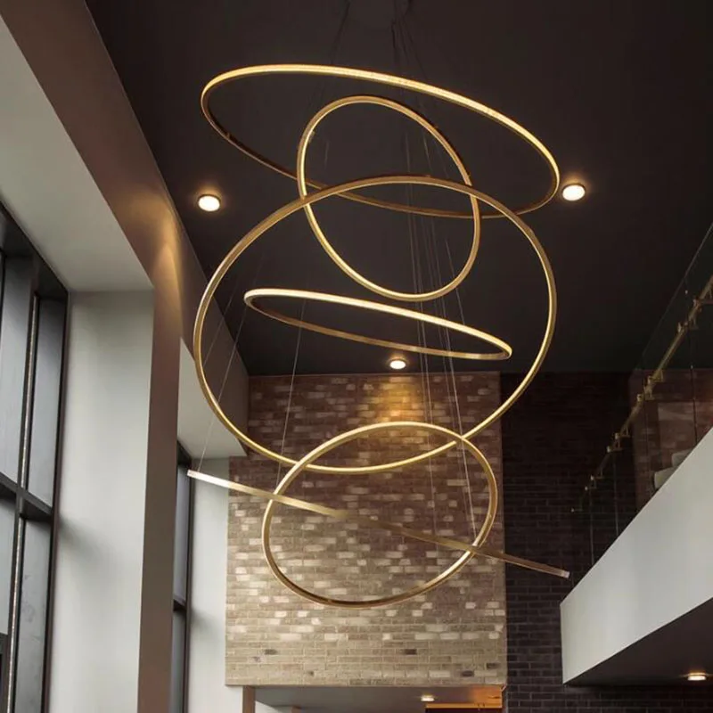 

Modern Ring LED Foyer Chandelier Light Luxury Living Room Staircase Gold Hanging Light Long Villa Hall Lobby Decor Hang lamp