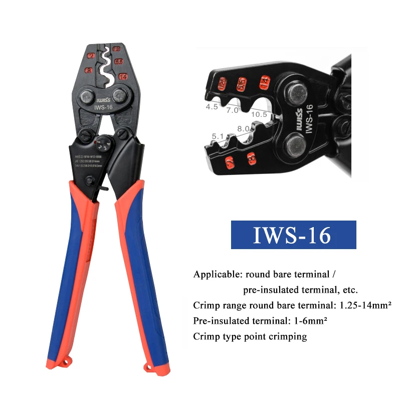 

IWS-16 IWISS Ratchet Mult Crimper pliers Small bare terminal cold crimping UT OT SC C45 terminal for 1.25-16mm² AWG 22-6