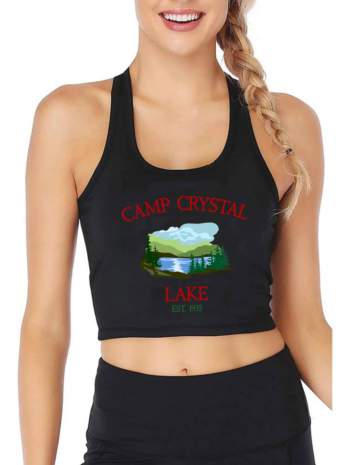 

Camp Crystal Lake Graphics Sexy Crop Top Women's Holiday Recreational Camping Design Tank Tops