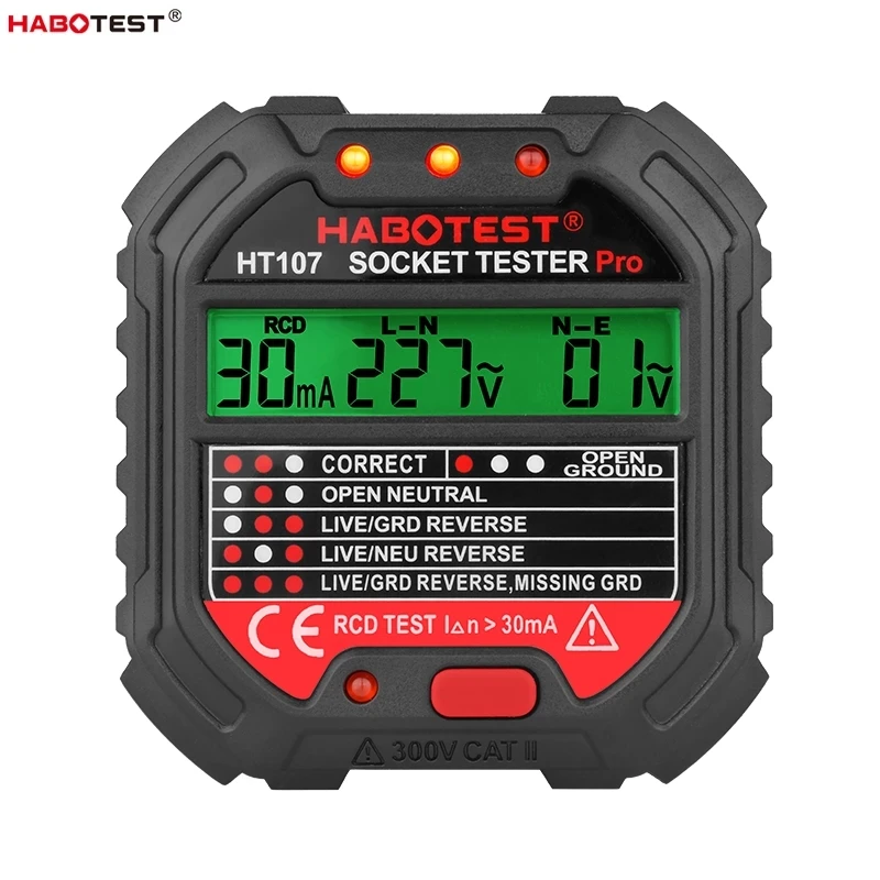 

Habotest HT107 Socket Tester Pro Voltage Test RCD 30mA Socket Detector UK EU Plug Ground Zero Line Plug Polarity Phase Check