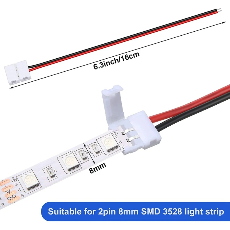 

48Pcs 8Mm 2 Pin LED Strip Light Connector For 8 Mm Wide Flexible SMD 3528 2835 Single Color LED Strip Lights Solderless