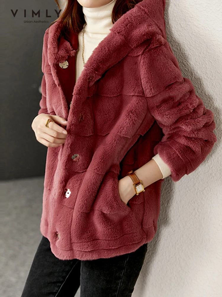 Vimly Hooded Faux Fur Coat 2022 Winter Office Ladies Fashion Luxury Thick Warm Fur Jacket Overcoat for Women Clothes 50386