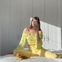 2021 spring and autumn sexy temperament womens fashion yellow one word shoulder folds ruffled cropped women tops y2k shirt