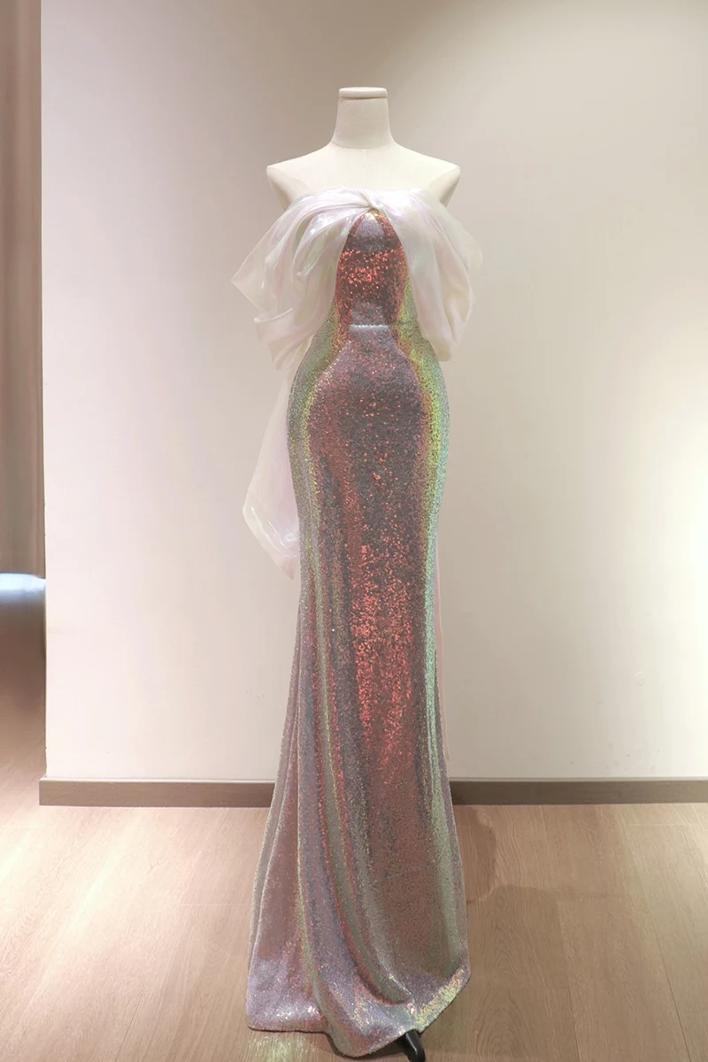 High Quality Luxury Chiffon Bow Sleeve Evening Prom Dress Sparkling Bling Sequin Zipper Wedding Mermaid Party Formal Dresses