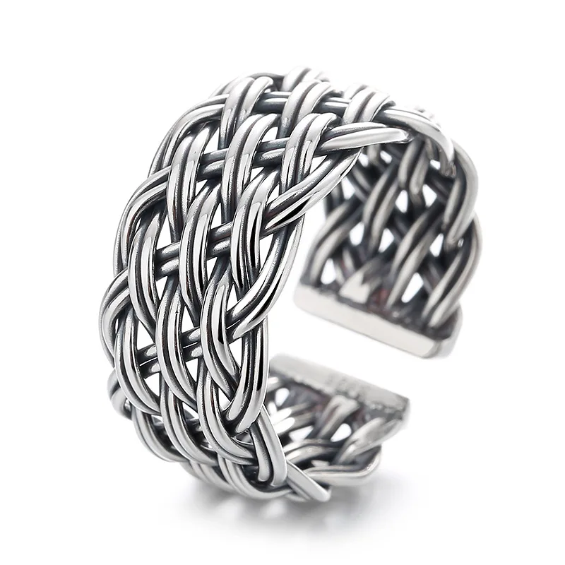 

925 Sterling Silver Adjustable Rings Vintage Punk Braided Twist Creative Opening Large Ring Luxury Jewelry For Woman 2022 Trend