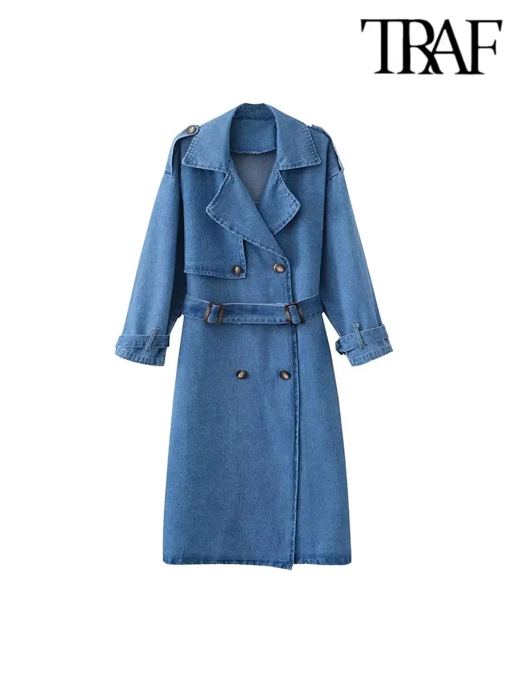 

Тренчкот женский джинсовый с поясом, свободный двубортный плащ из денима в стиле ретро, с лацканами, уличная одежда, весна-осень
