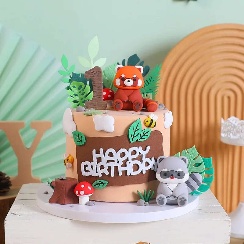 Фото Мультфильм Aniamal Cake Dec Little Raccoon Red Panda Кекс Украшение Джунгли Сафари Happy Kid День Рождения Девушка Мальчик Babyshower №1