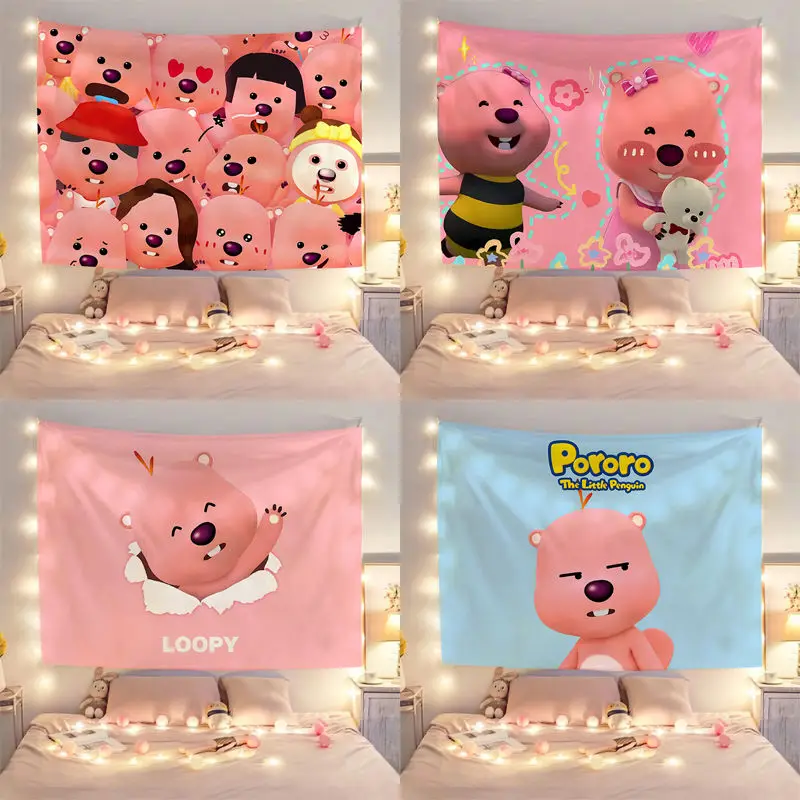 

Kawaii Pororo Wall Covering Little Beaver Loopy Tapestry Wall Hanging Kawaii Cartoon Blanket Bedroom Decor Background Carpet Mat