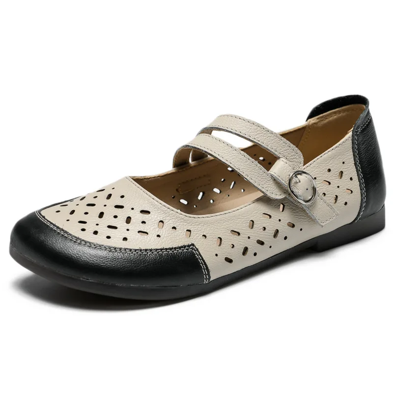 Xiuteng 2023 New Summer Cow Leather Sandals Women's Nurse Hole Shoes Women's Mother's Shoes Oxfordx Soft Bottom Flat Shoes