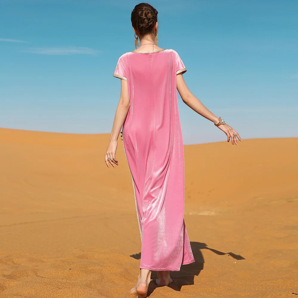 Pink Velvet Hand Sewn Diamond Dress Travel New Long Dress Muslim Robe Abaya Islamic Robe Party FashionDress Party Festive Dress