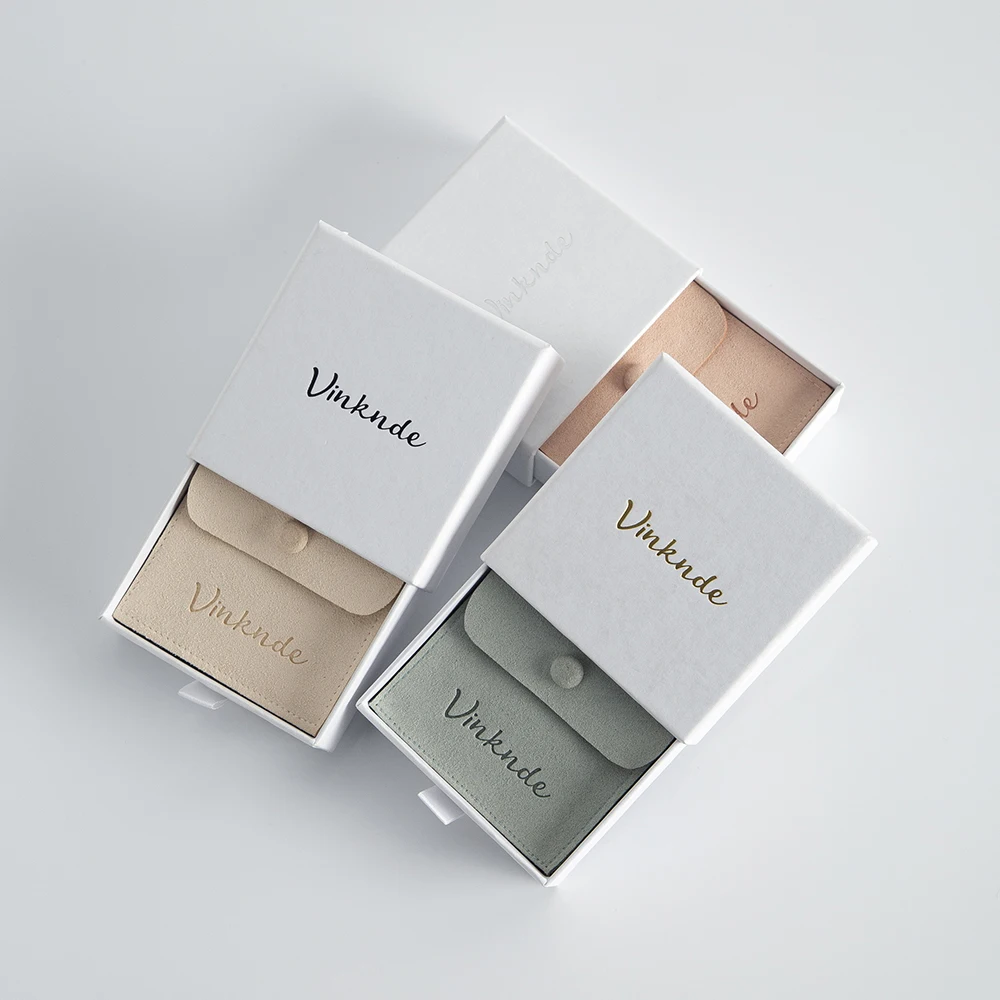 Custom Logo Microfiber Button Pouches Jewelry Packaging Drawer Slide Boxes Case Wedding Party DIY Product Package Box Bag Set