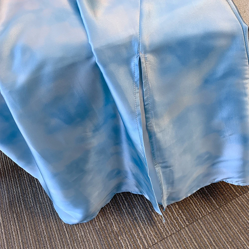 Женское атласное длинное платье с коротким рукавом синее китайское свободное