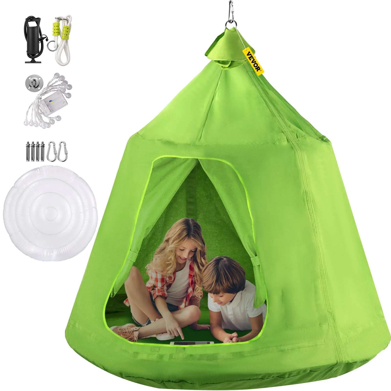 

VEVOR Hanging Tree Tent Max.440lbs Capacity Tree Tent Swing Hangout Hugglepod w LED Rainbow Decoration Light Inflatable Cushion